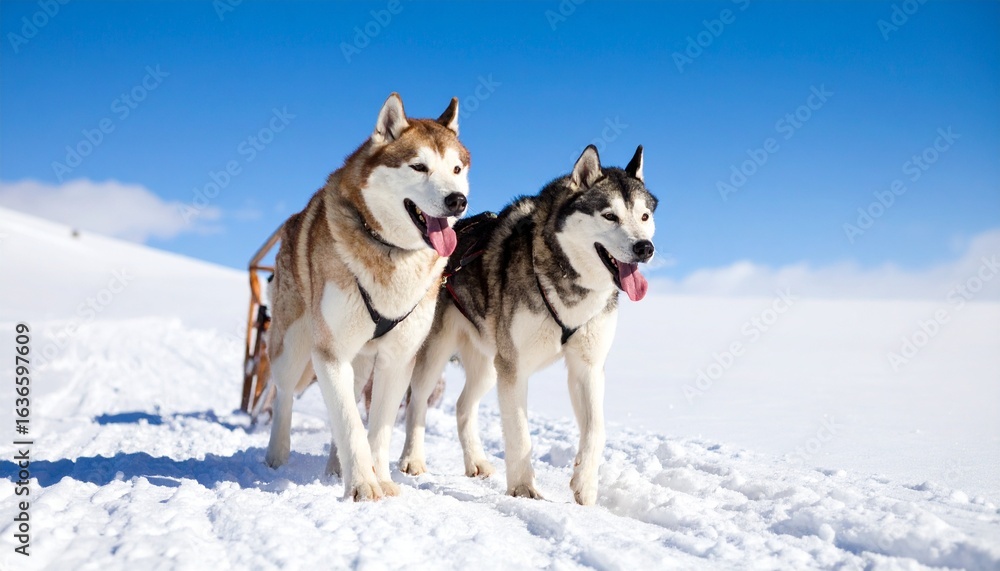Naklejka premium Two Siberian Huskies pulling a sled on snowy terrain under a clear blue sky. Detailed high quality image. 