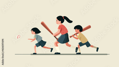 Minimalist flat vector illustration of three children are playing baseball.
