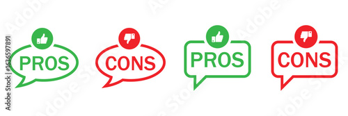 Green and Red Pros and Cons Icons with Thumbs Up and Down Symbols