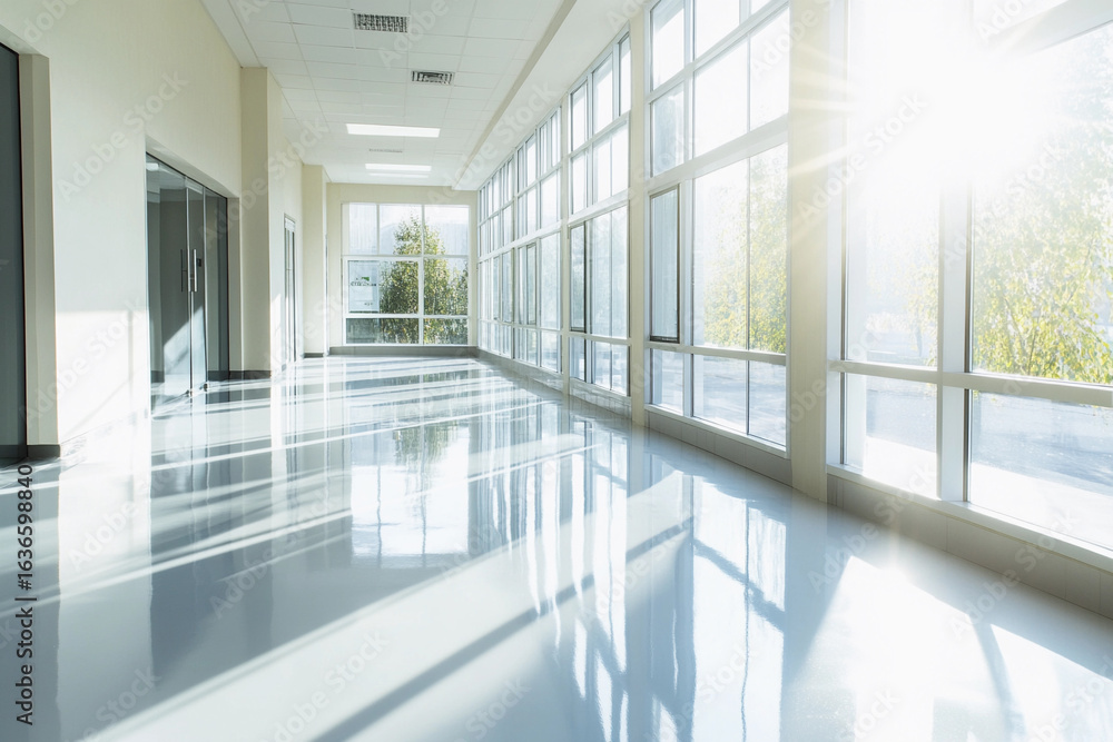 Fototapeta premium Bright modern hallway with large windows and shiny floor Generative AI