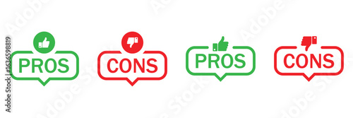 Green and Red Pros and Cons Icons with Thumbs Up and Down Symbols