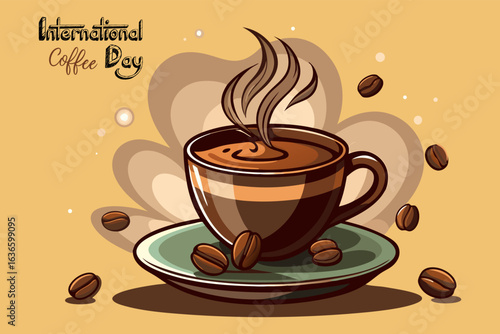 Steaming cup of coffee with beans and International Coffee Day text coffee cup coffee beans