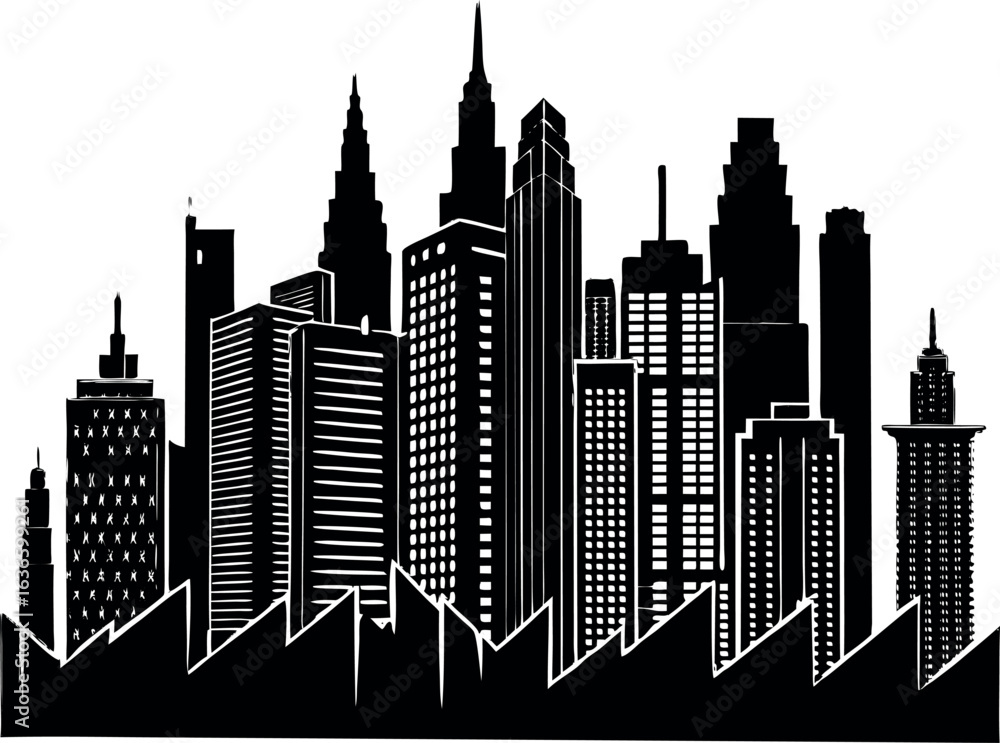 Naklejka premium Modern city skyline silhouette with tall buildings