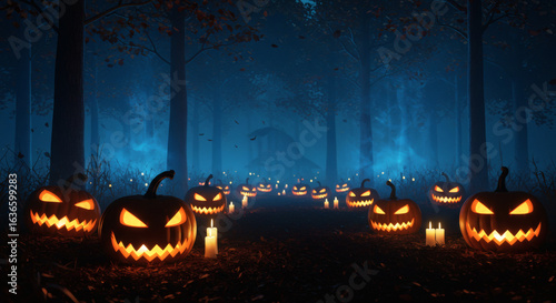 Halloween pumpkins in the forest at night. Halloween background with Evil Pumpkin. Spooky scary dark Night forrest. Holiday event halloween banner background concept