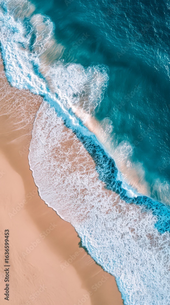 Fototapeta premium Top view beach waves ocean sand turquoise water coast shore
