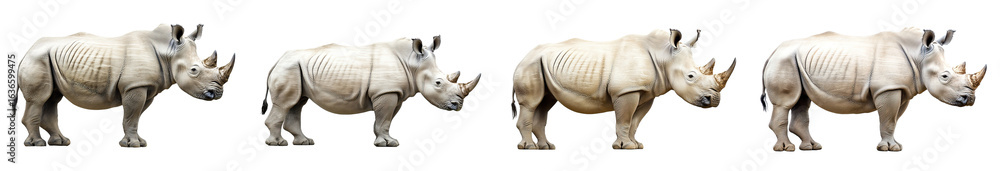 Obraz premium Four detailed side views of white rhinoceros with textured skin and horns. Realistic wild animal illustrations isolated on white background. Large mammal wildlife with rugged body and natural shading.