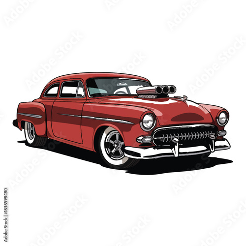 Vector art of red vintage hotrod car with supercharger isolated on white background