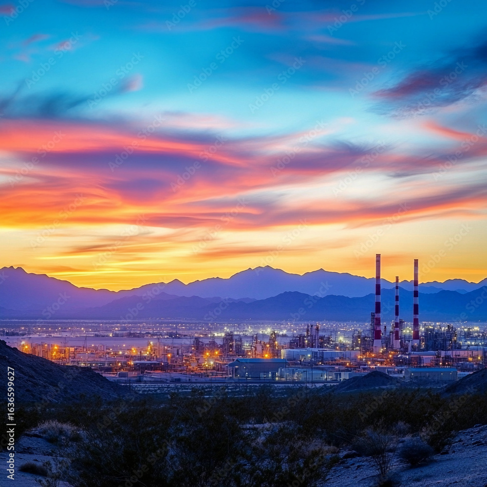 Fototapeta premium Vibrant sunrise over industrial landscape near mountains Generative AI