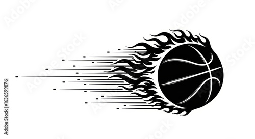 Dynamic basketball illustration with flames and speed trail conveying motion and power