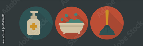 Flat Vector Cleaning and Hygiene Icons Set – Hand Sanitizer, Bathtub, Mop