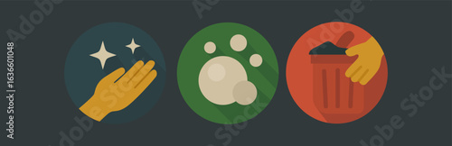 Flat Cleaning Icons Set – Hand Wash, Soap, Bubbles, Trash Bin, Hygiene Symbols