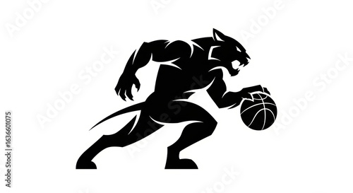Fierce panther athlete dribbling basketball with intensity, representing power and agility