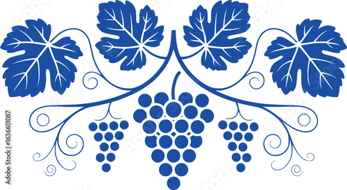 Elegant Grapevine Pattern Decoration Design with Blue Leaves and Grapes Aesthetically Arranged, Ideal for Print or Digital Creative Purposes