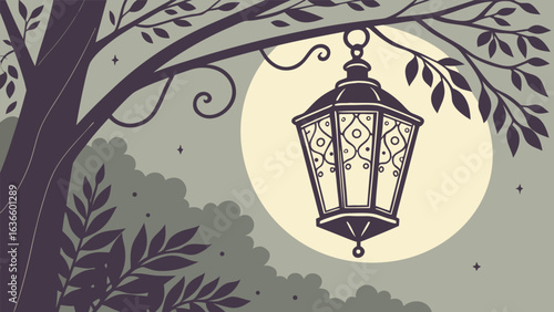 Enchanting night scene with a vintage lantern hanging from a tree branch against a soft moonlit sky and silhouetted foliage