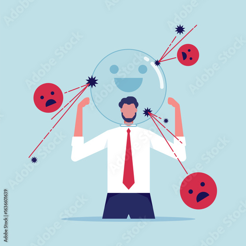 Emotional balance and stress resilience skill concept, self-care and mental health awareness, ability of calmness during troubles, problems. Employee, office worker with mental protection