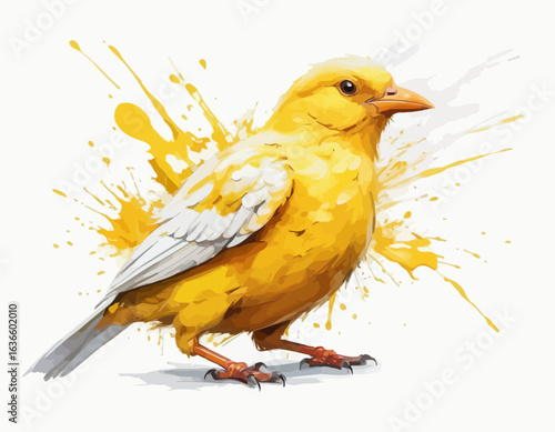  Its wings are a mix of yellow and white, and they are spread wide, as if just taking off or landing. The style of the image incorporates elements of watercolor or ink splatters, with splashes of y