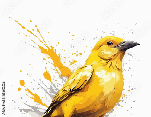  Its wings are a mix of yellow and white, and they are spread wide, as if just taking off or landing. The style of the image incorporates elements of watercolor or ink splatters, with splashes of y