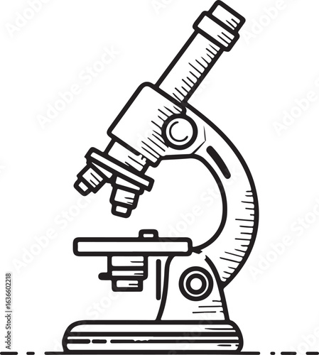 Black and white sketch of a laboratory microscope with detailed lines science research
