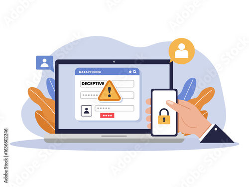 data phishing hacking online scam concept laptop file hook illustration design