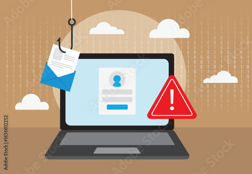 data phishing hacking online scam concept laptop file hook illustration design
