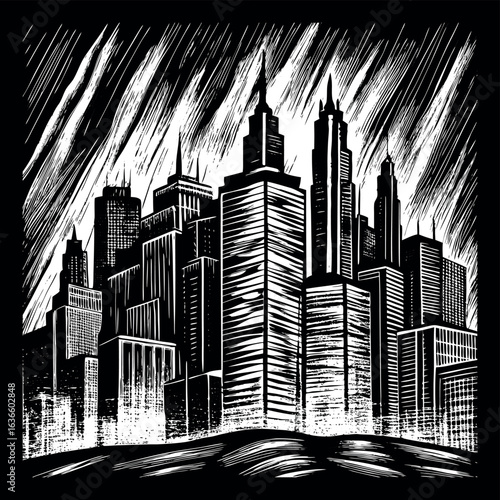 Modern city skyline silhouette with tall buildings