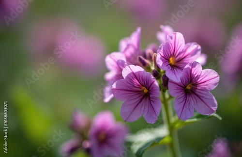 Close-up macro view of violet Dame Rocket Hesperis matronalis blossoms with delicate petals and dark stripes. Green garden foliage and soft bokeh background suggest spring bloom and natural beauty.