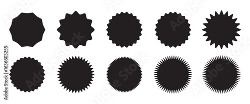 Sticker star burst, promo badge round shape, price tag circle, sale label icon, black sun, new discount set isolated on white background. Advertising vector illustration