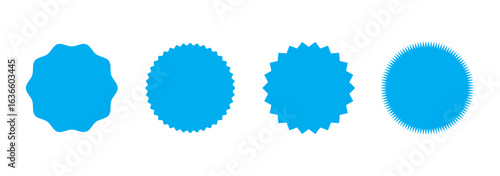 Sunburst sticker shapes. Rounded starburst zigzag badge, spiky oval, circle and star shaped price tag, discount and sale label stickers. Jagged silhouettes vector set.