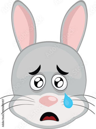 vector illustration emoticon character face rabbit rodent animal, with a sad expression, watery eyes and a tear falling from one eye