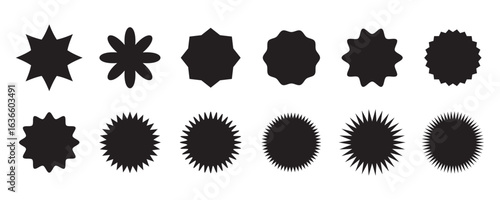 Sticker star burst, promo badge round shape, price tag circle, sale label icon, black sun, new discount set isolated on white background. Advertising vector illustration