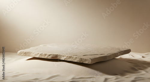 A flat, textured stone slab placed on soft sand with a smooth beige background, minimal and natural aesthetic, perfect for product display, soft diffused lighting, high-quality realistic 3D render.
