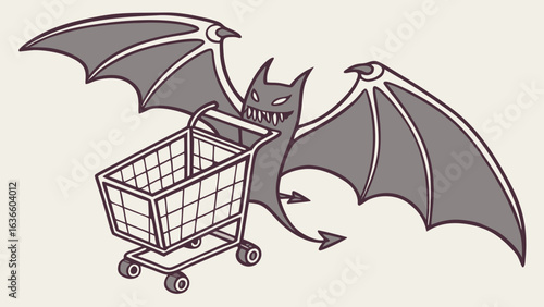 A cartoon devil with large bat like wings and a pointed tail pushes a shopping cart symbolizing consumerism or temptation