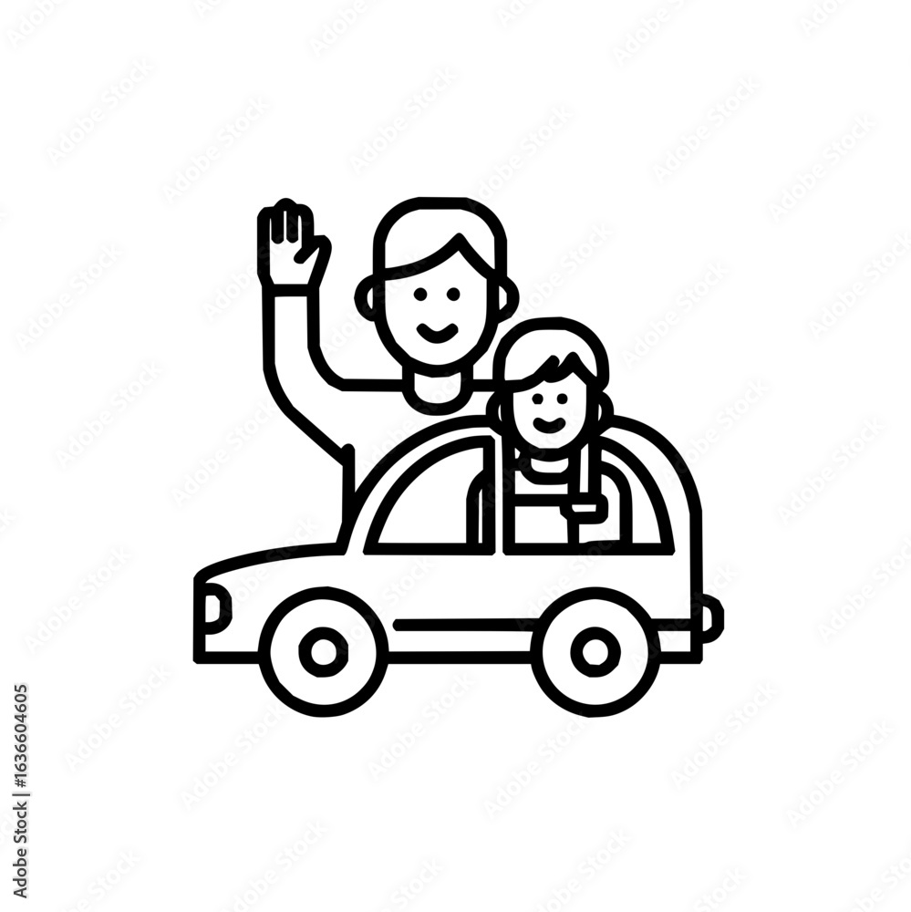 Father and child driving car waving hand vector illustration family trip travel transportation line art design Father and child driving car waving hand vector illustration family trip travel transportation line art design