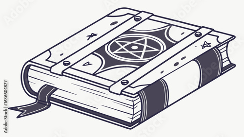 Mysterious ancient spell book adorned with a pentagram and celestial symbols bound with straps and featuring a ribbon bookmark for magical knowledge