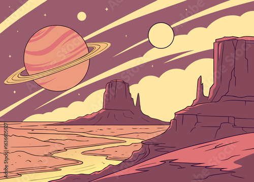 Alien planet with ringed gas giant and desert landscape