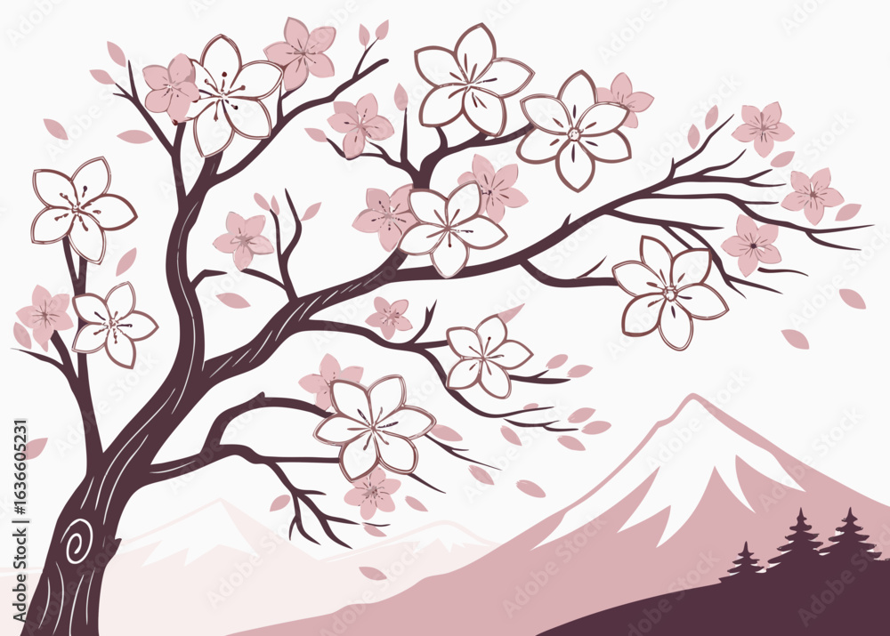 Fototapeta premium Cherry blossom tree branches with Mount Fuji in the background