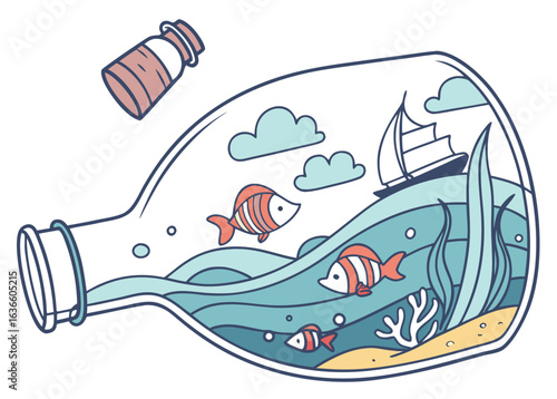 Cartoon message in a bottle with fish and sailboat