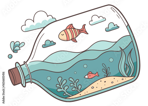 Cute fish swimming in a bottle with waves and clouds