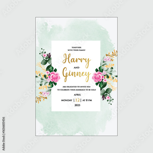 Wedding invitation card: a elegant wedding invitation featuring watercolor flower and design. Perfect for showcasing the couple's names and the date of their special event.