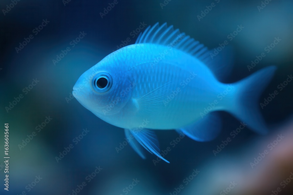 A solitary blue fish swims in the depths of a dark aquarium, its scales shimmering with an ethereal glow A solitary blue fish swims in the depths of a dark aquarium, its scales shimmering with an ethereal glow