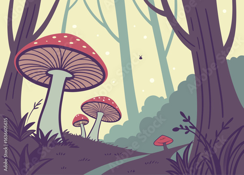 Enchanted forest path with large mushrooms and trees