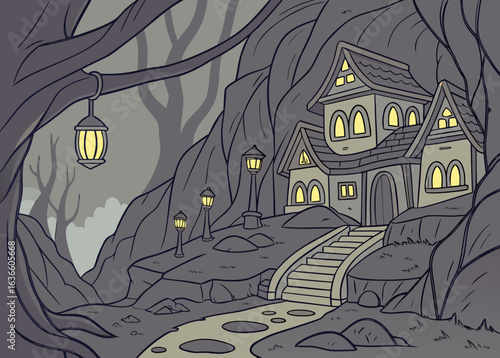 Enchanted forest dwelling with glowing lanterns and stone path