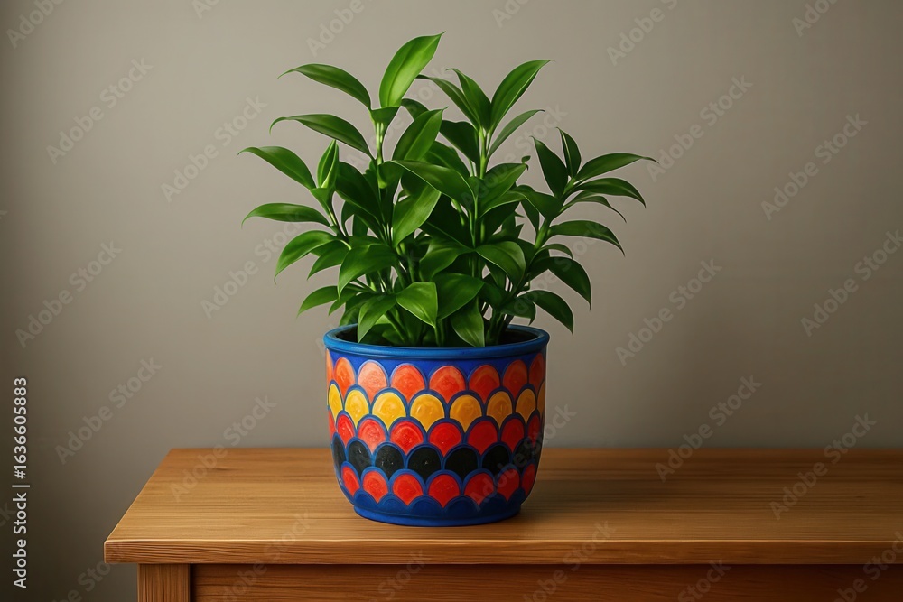 Fototapeta premium A vibrant potted plant graces a wooden table against a muted gray backdrop, bringing life and color to an otherwise subdued room