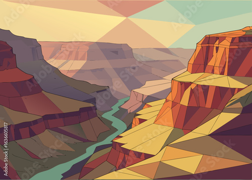 Geometric low poly canyon landscape at sunset river
