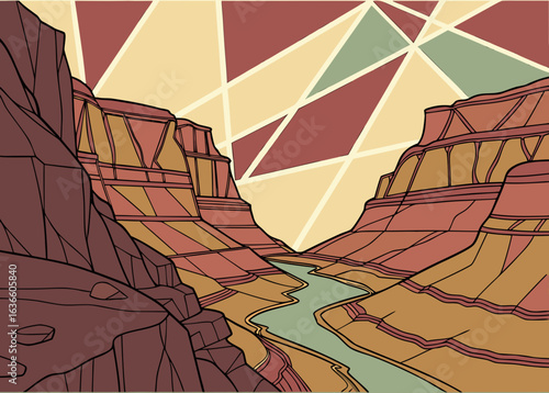 Geometric abstract art of a canyon with a river vector