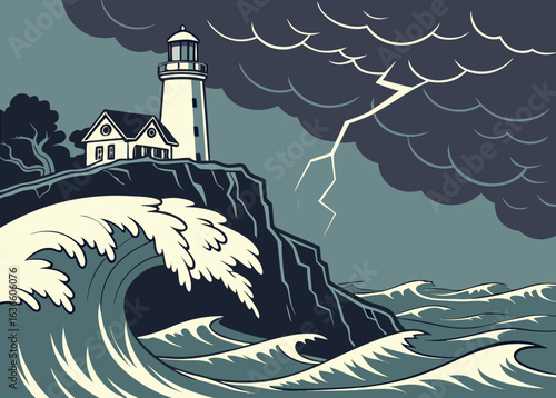 Lighthouse on a cliff with giant waves and lightning storm