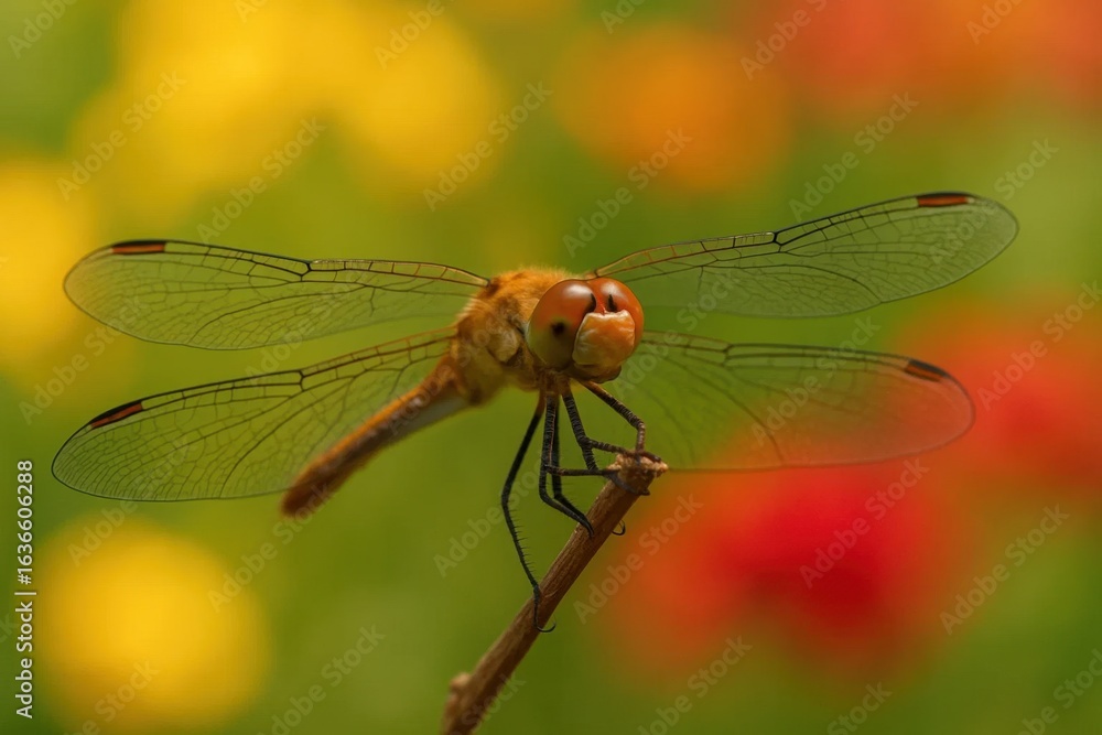 A Dragonfly Perched on a Flower Petal A Dragonfly Perched on a Flower Petal