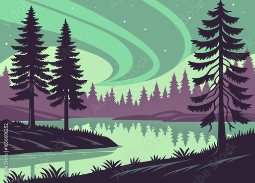 Majestic aurora borealis over a reflective lake and trees