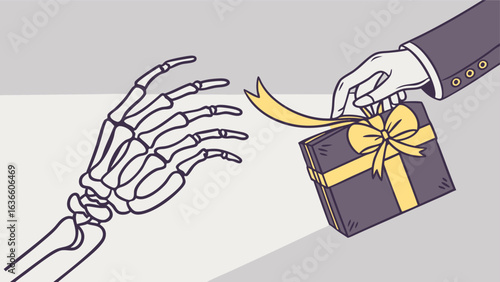 A skeletal hand reaches out for a gift being presented by a hand in a suit symbolizing the inevitable end of all material possessions