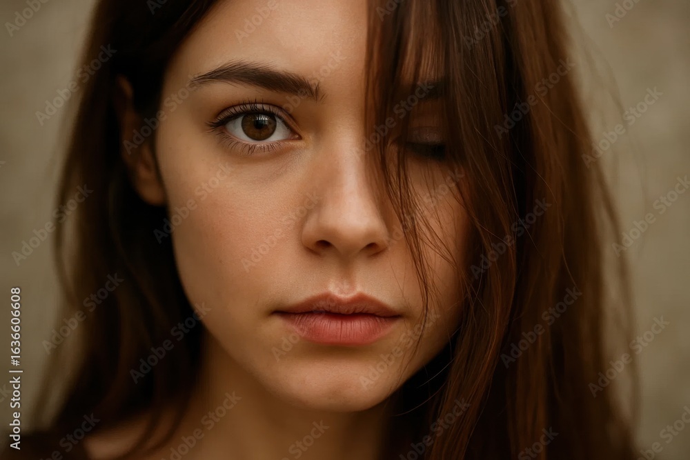A moment of serene contemplation captured in the eyes of a young woman with long, flowing hair A moment of serene contemplation captured in the eyes of a young woman with long, flowing hair